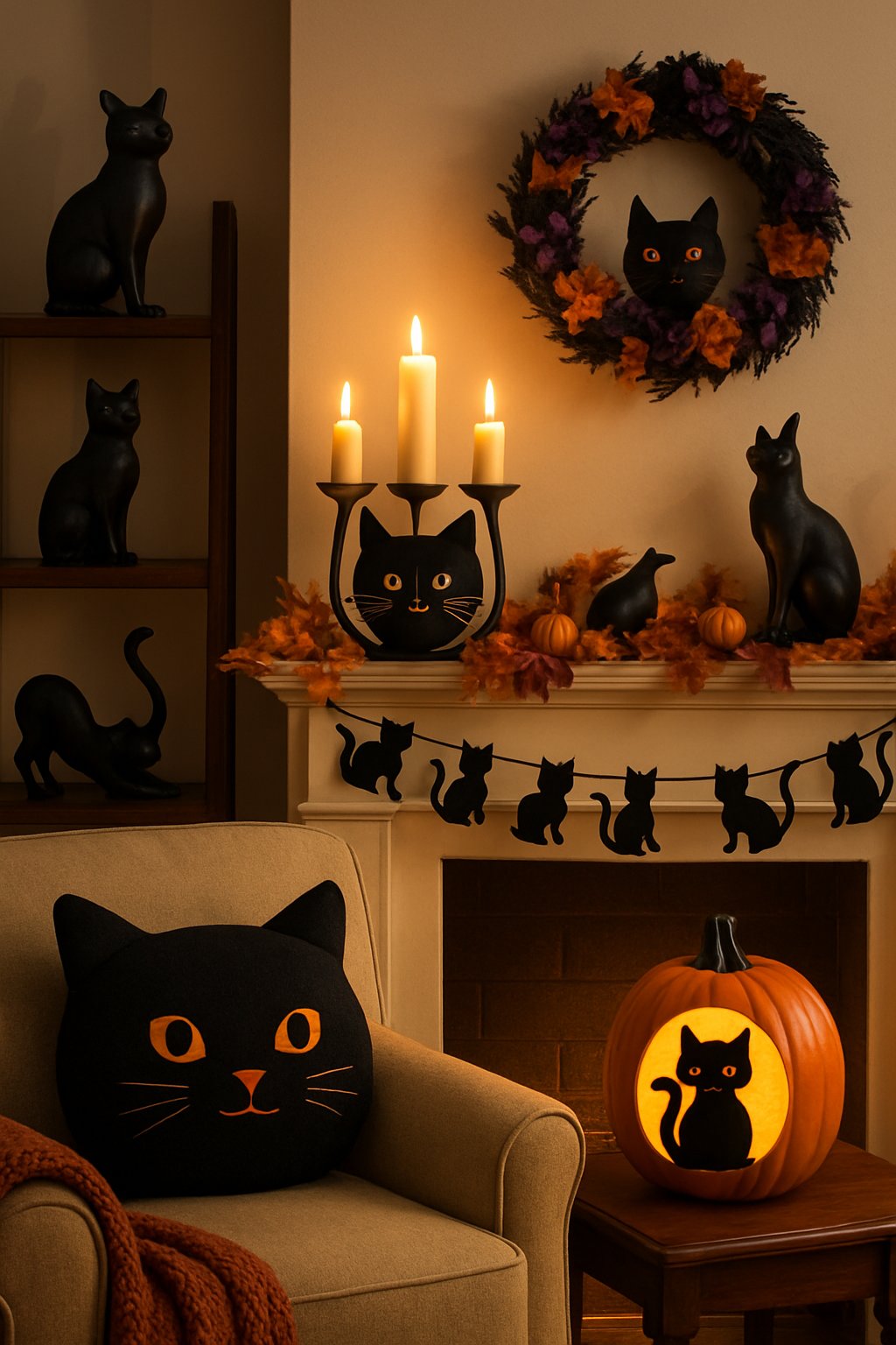 A cozy living room decorated with seven black cat-themed Halloween decorations including figurines, candle holders, garlands, pillows, a wreath, and a pumpkin carving.