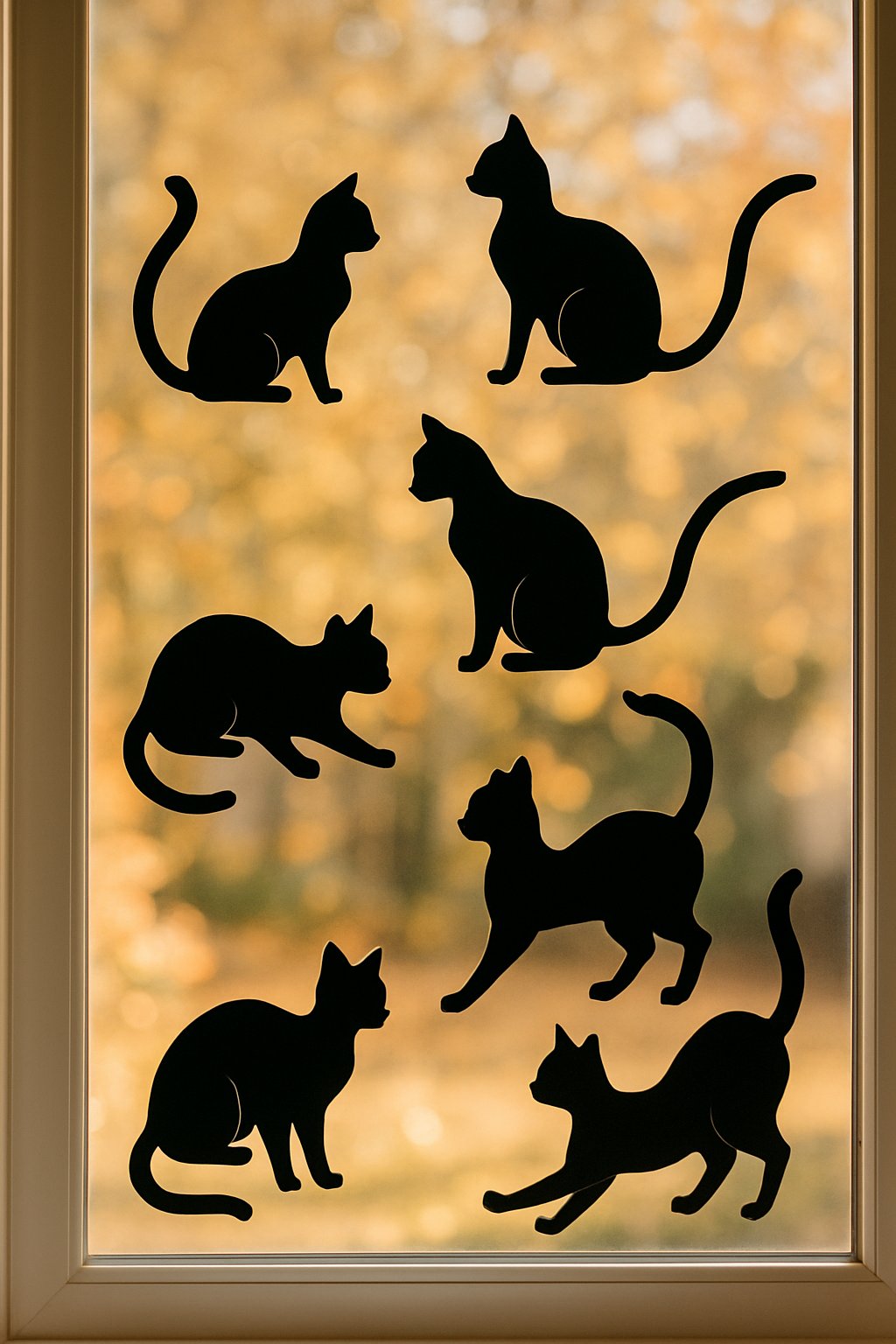 Seven black cat silhouette window clings arranged on a window with an autumn garden visible outside.
