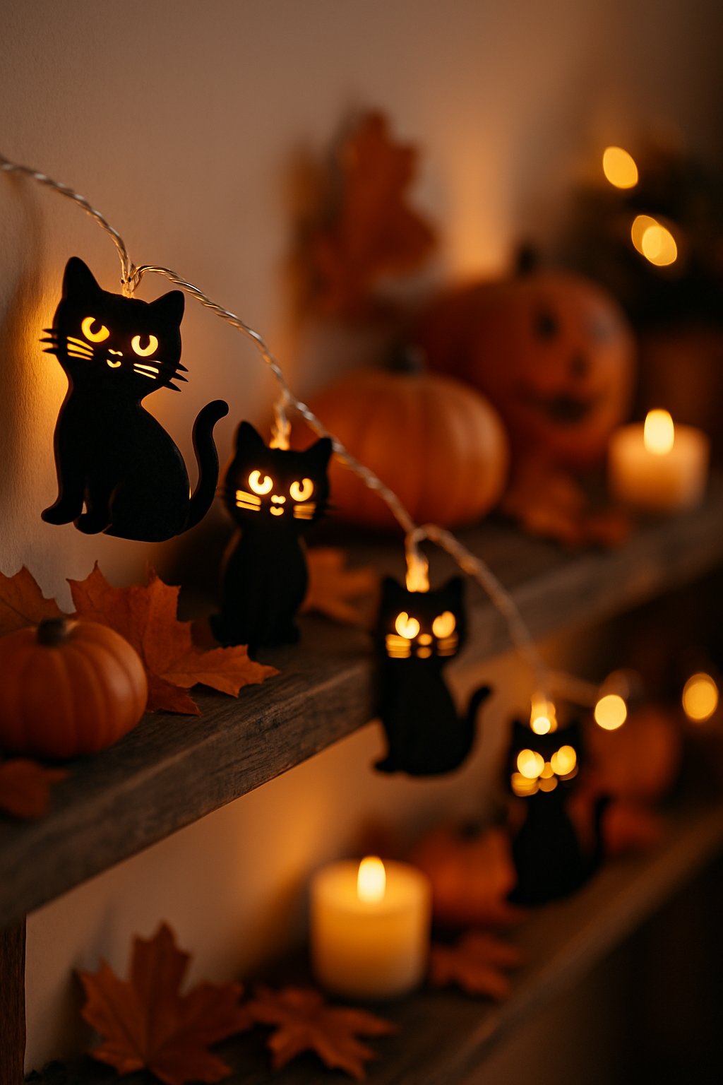 A string of black cat-shaped LED lights glowing on a wooden shelf decorated with small pumpkins and autumn leaves in a cozy Halloween home setting.