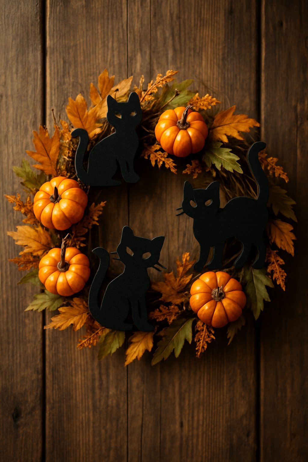 A black cat-themed Halloween door wreath decorated with mini pumpkins and autumn leaves hanging on a wooden door.