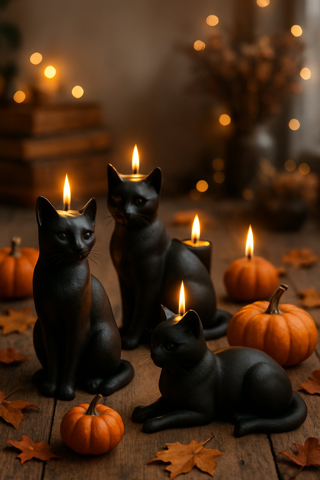 Black cat-shaped candle holders lit with candles on a wooden table surrounded by Halloween decorations like pumpkins and autumn leaves.