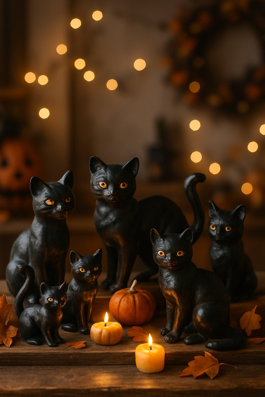 Seven black cat figurines displayed on a wooden shelf with pumpkins, autumn leaves, and candlelight in a cozy home setting.