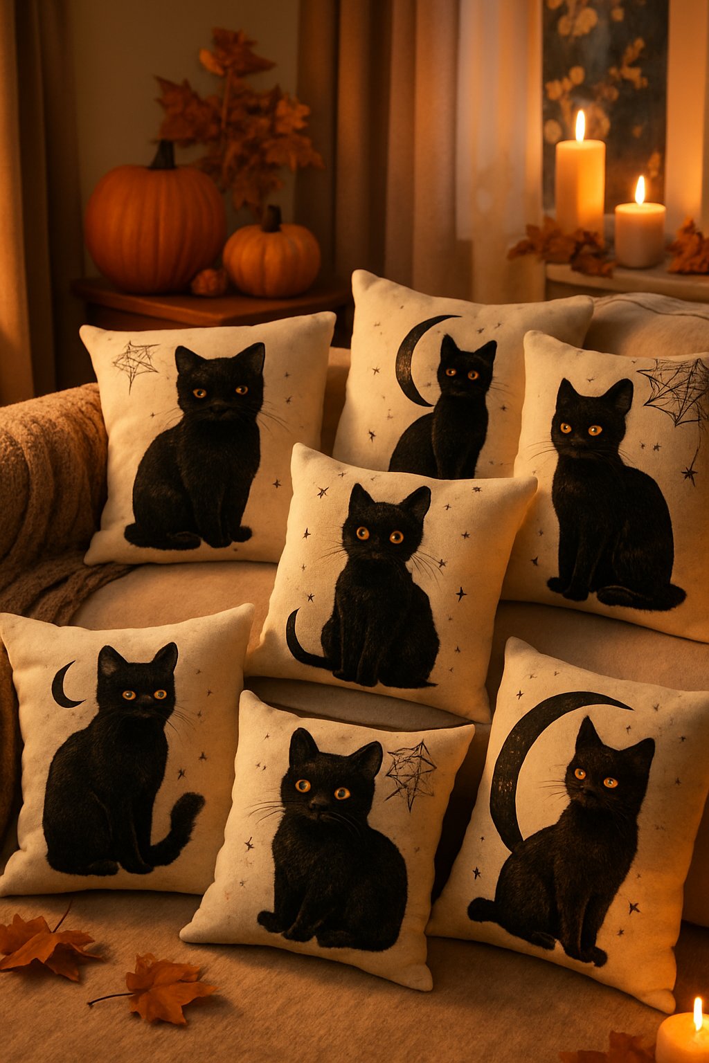 A living room sofa with seven decorative throw pillows featuring black cat designs and Halloween decorations like pumpkins and candles in the background.
