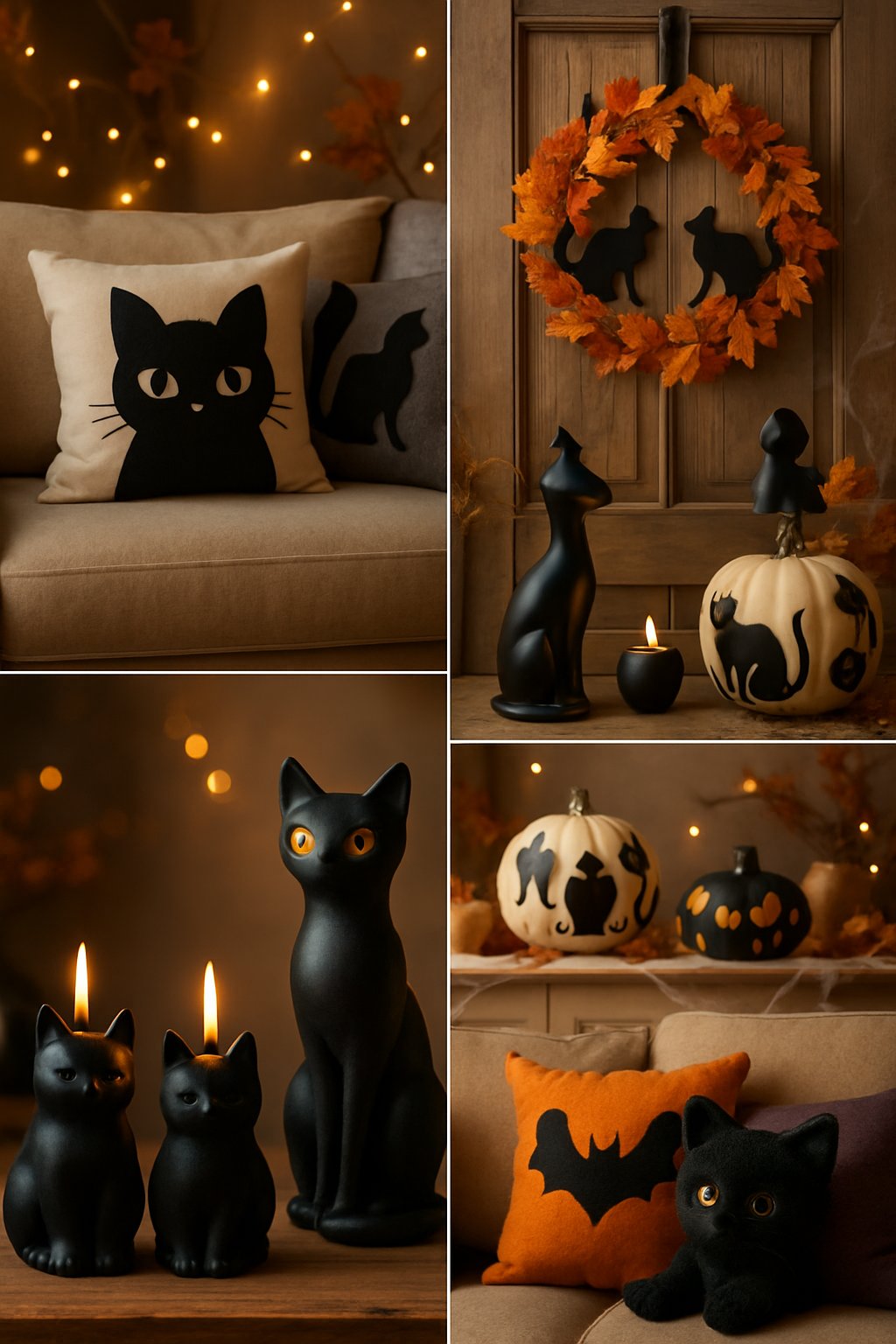 A cozy home decorated with seven different black cat-themed Halloween decorations including figurines, candles, pillows, a wreath, a lantern, patterned pumpkins, and a plush toy, surrounded by autumn leaves and soft lights.