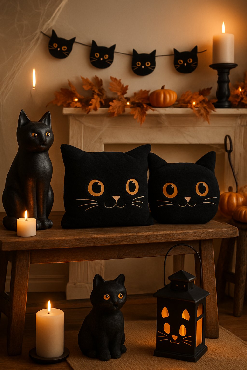 A cozy home decorated with various black cat Halloween decorations including figurines, pillows, lanterns, and garlands arranged with pumpkins and autumn leaves.