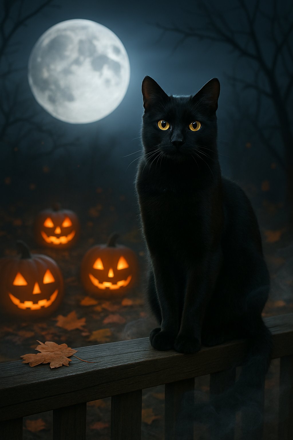 A black cat sitting on a wooden fence at night surrounded by glowing jack-o'-lanterns, autumn leaves, and mist under a full moon.
