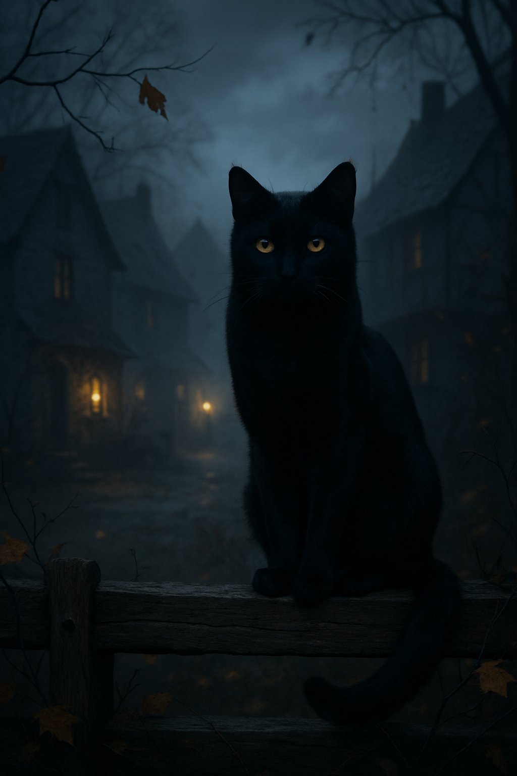 A black cat with yellow eyes sitting on an old wooden fence in a foggy medieval village at twilight.