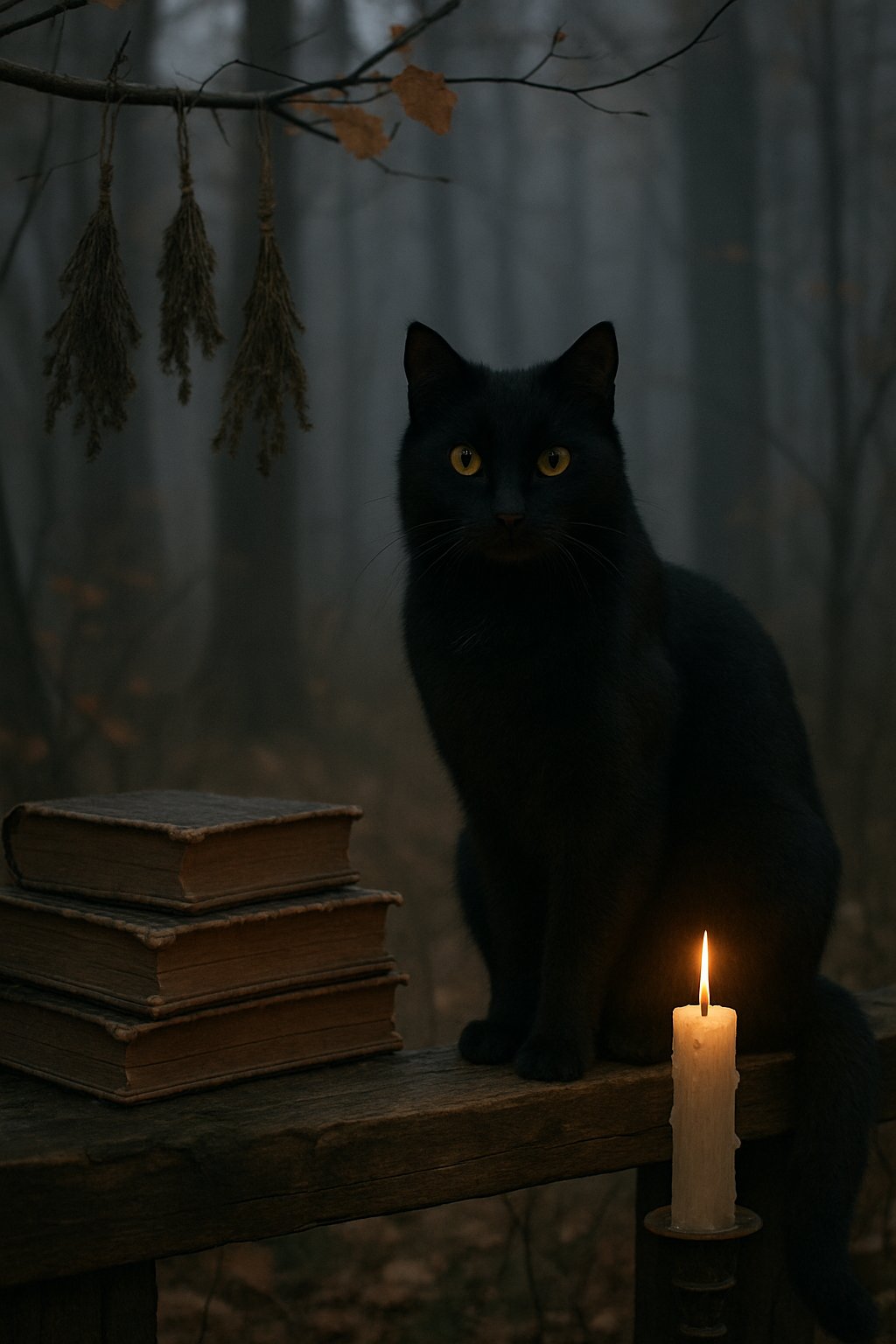 A black cat with yellow eyes sitting on a wooden fence in a foggy forest with candles and herbs nearby.