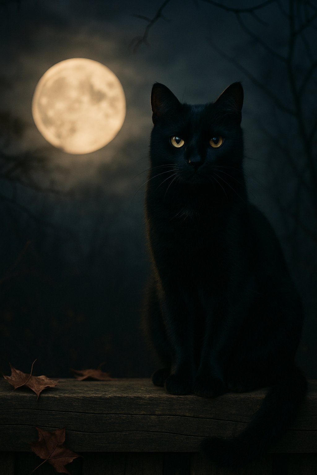 A black cat sitting on a wooden fence at twilight with a full moon and autumn leaves in the background.