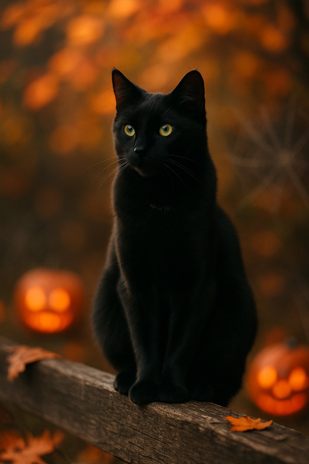 A black cat sitting on a wooden fence surrounded by autumn leaves and faint Halloween decorations.