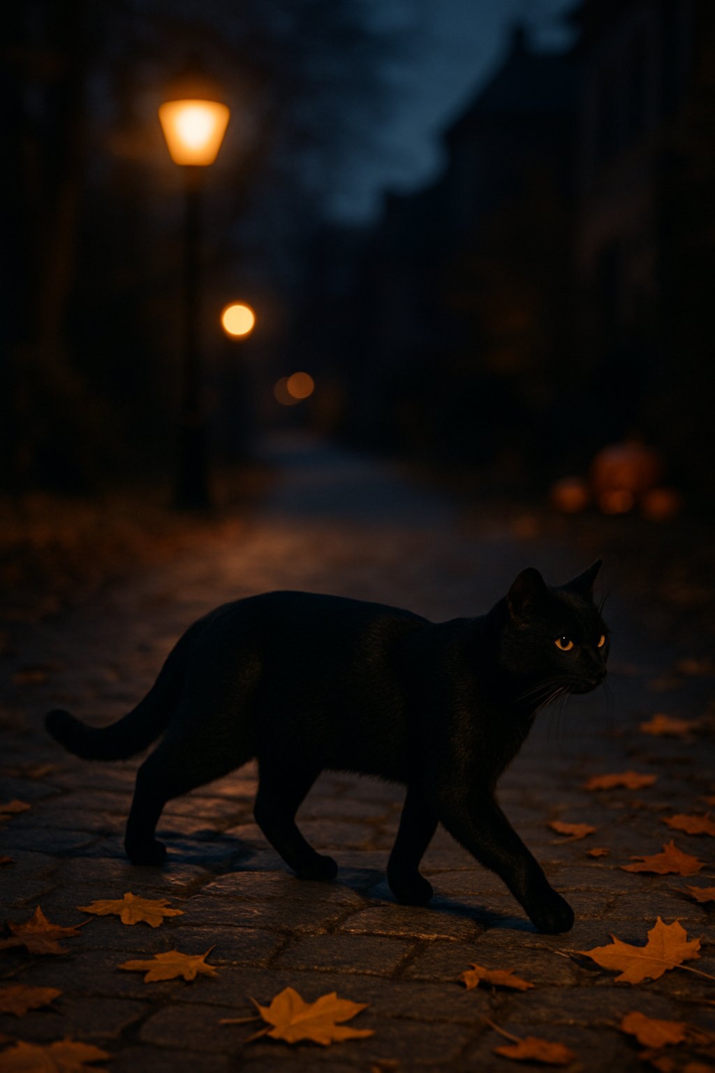 A black cat walking across a cobblestone path at twilight with fallen autumn leaves and softly glowing streetlights.