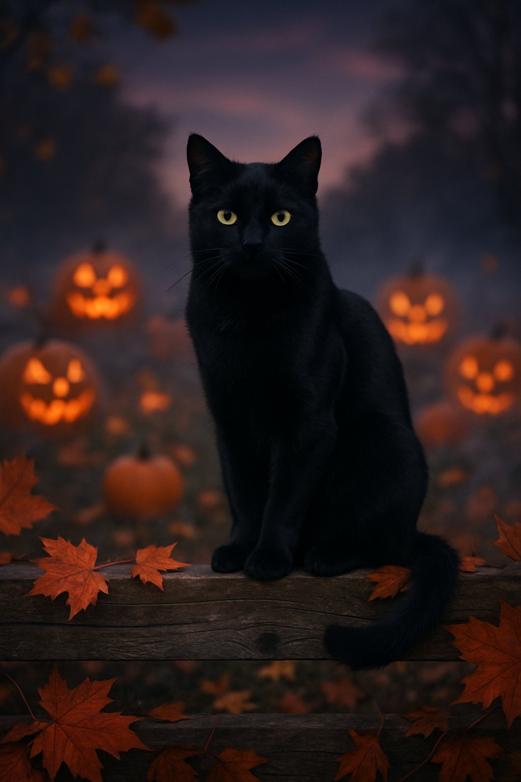 A black cat with yellow eyes sitting on a wooden fence surrounded by pumpkins and autumn leaves at dusk.