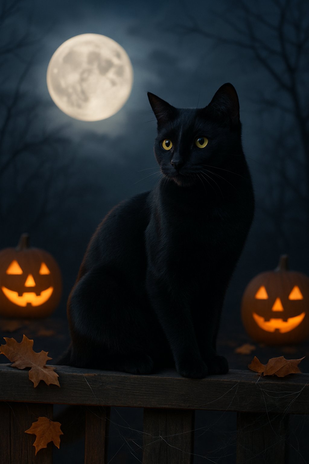 A black cat sitting on a wooden fence at twilight with a full moon and autumn leaves around, creating a mysterious Halloween atmosphere.