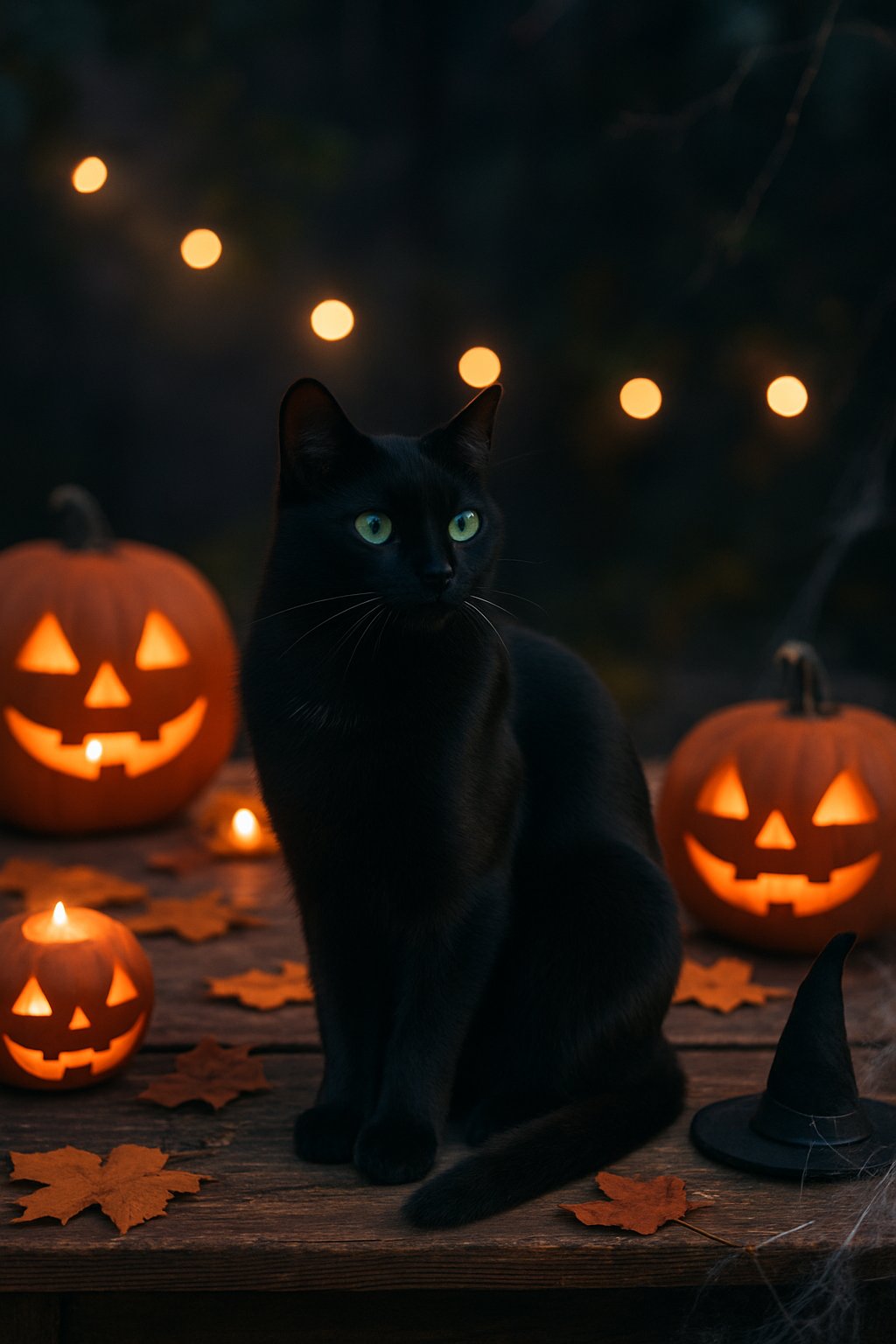A black cat sitting on a wooden table surrounded by pumpkins, autumn leaves, and Halloween decorations with soft glowing lights in the background.