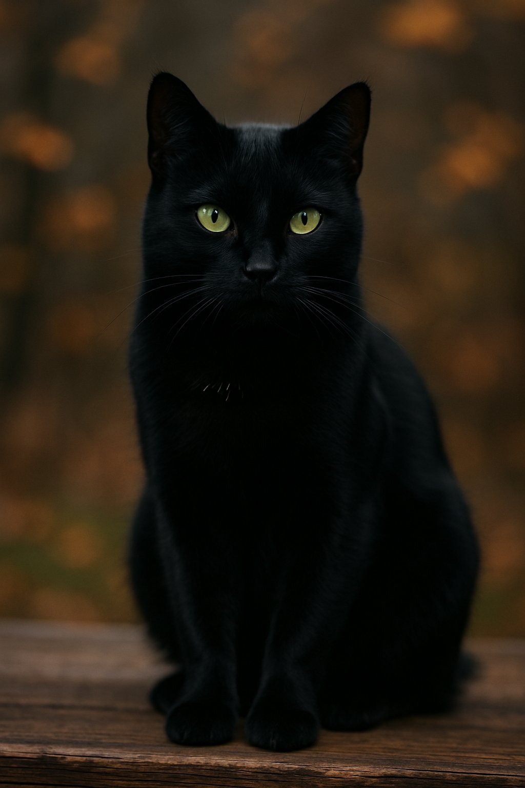 A black cat with bright green eyes sitting on a wooden surface with a blurred autumn background.