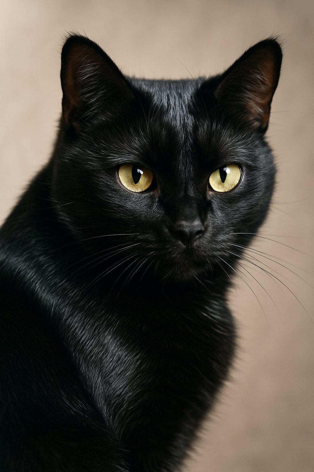 Close-up of a black cat with shiny fur reflecting light, showing detailed texture and bright eyes.