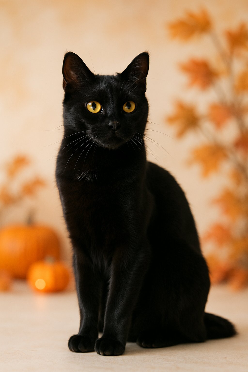 A black cat sitting calmly with a softly blurred background featuring pumpkins and fall leaves.