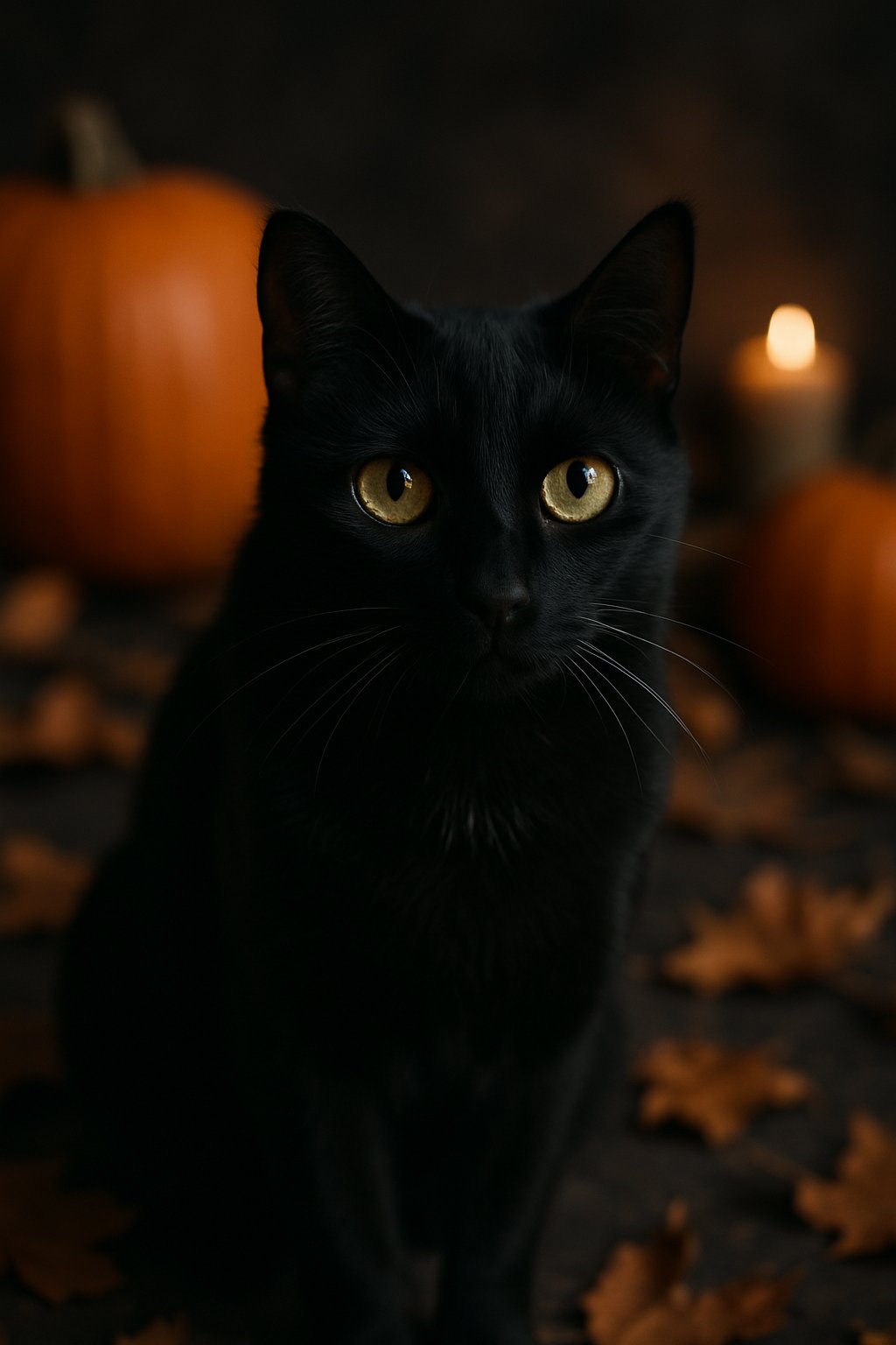 A black cat with bright eyes sitting among soft orange pumpkins and autumn leaves in a warm Halloween setting.