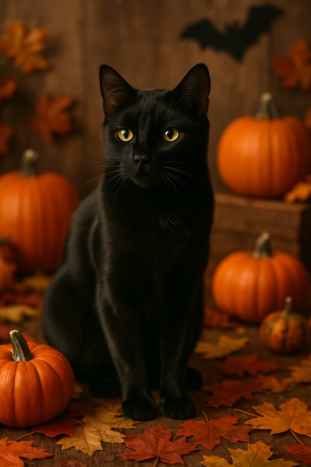 A black cat sitting among pumpkins and autumn leaves with a Halloween-themed background.