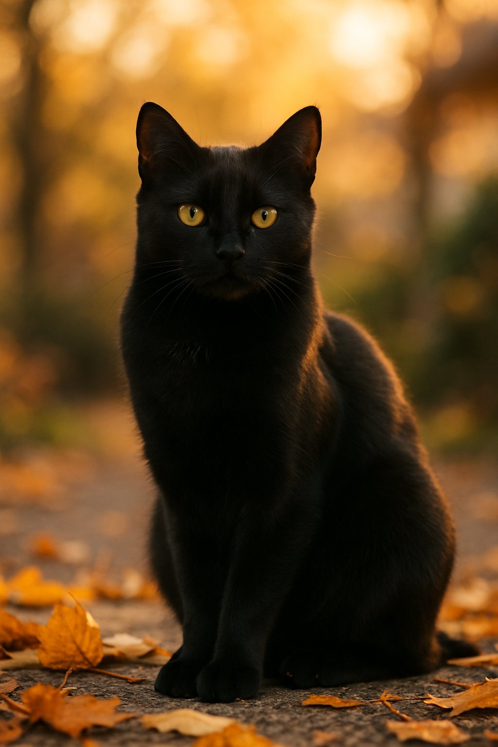A black cat sitting outdoors surrounded by autumn leaves in warm sunlight during golden hour.