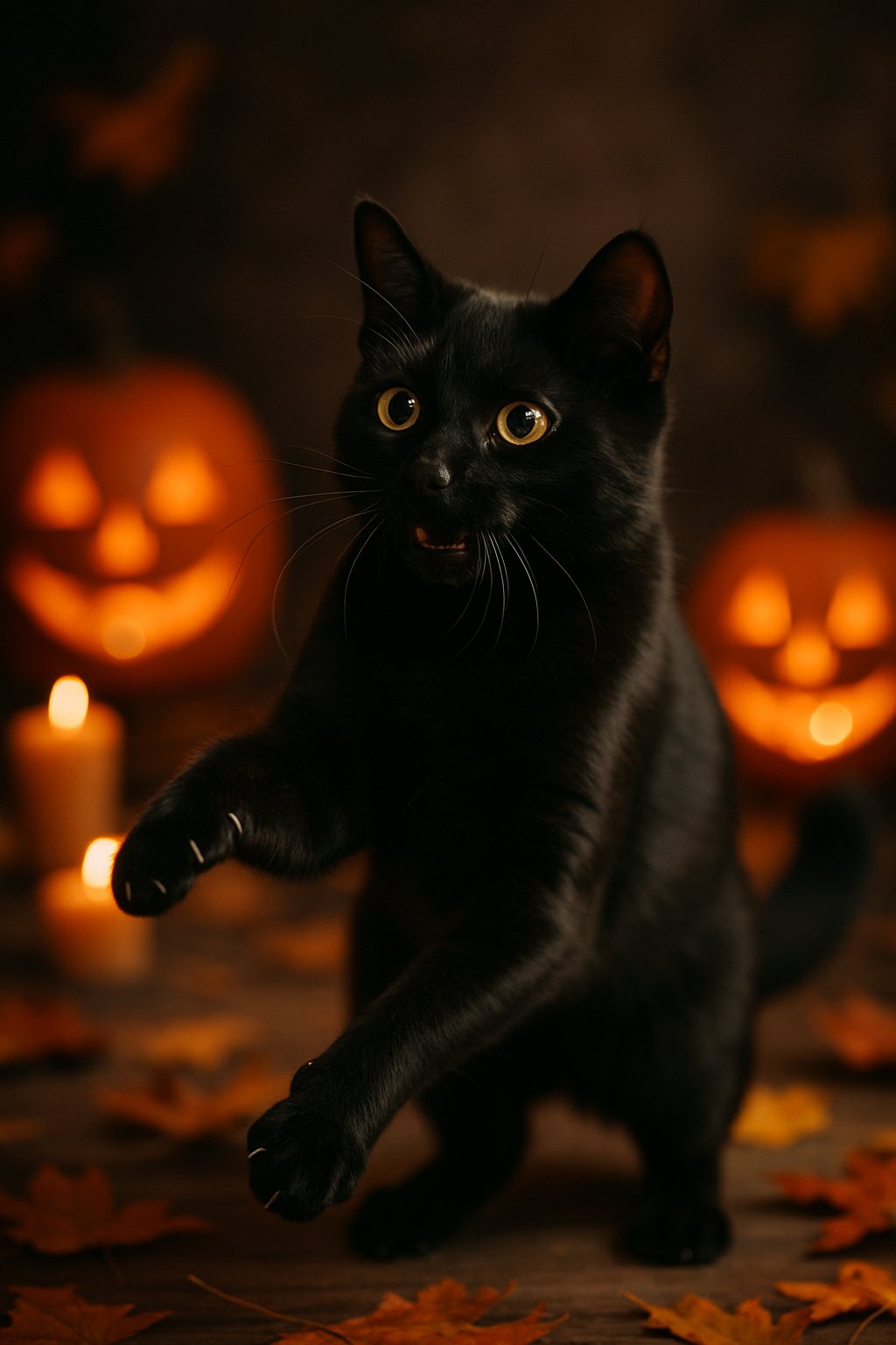 A black cat playing among Halloween decorations including pumpkins and autumn leaves.