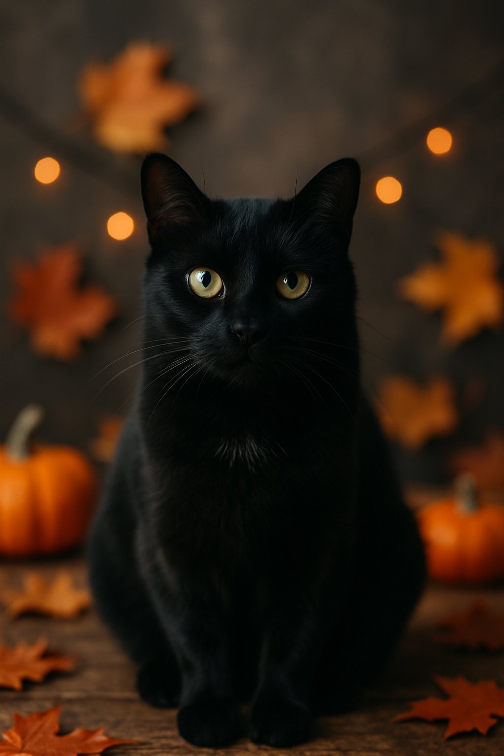 A black cat sitting on a wooden surface surrounded by pumpkins, autumn leaves, and warm orange fairy lights.