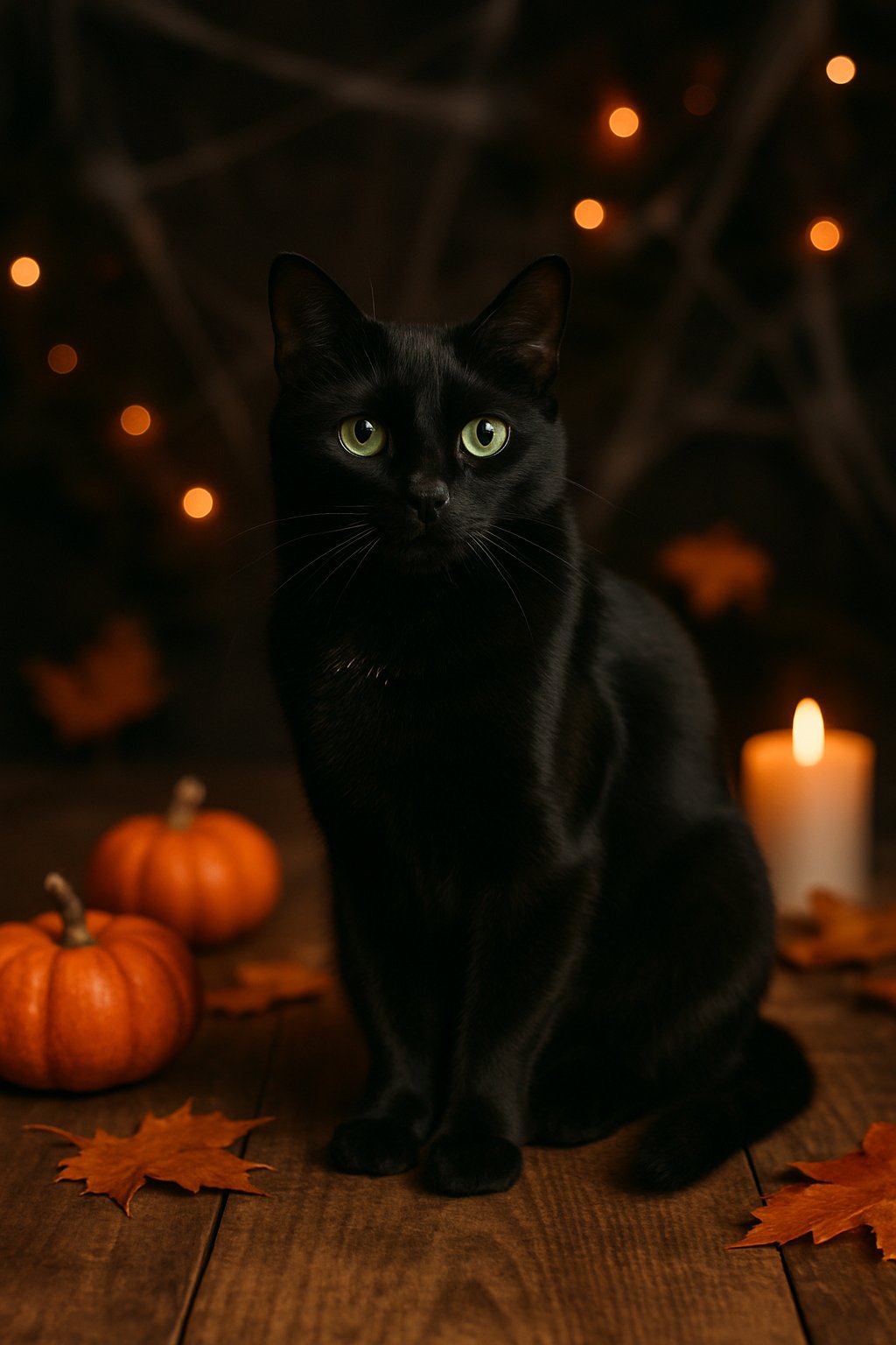 A black cat sitting on a wooden table surrounded by small pumpkins, autumn leaves, and soft candlelight with Halloween decorations in the background.
