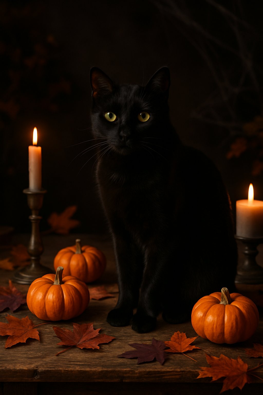 A black cat sitting on a wooden table surrounded by pumpkins, autumn leaves, candles, and spider webs in a Halloween setting.