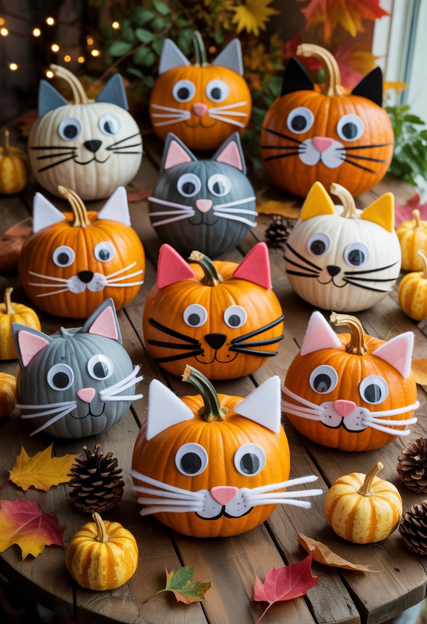 Nine decorated pumpkins transformed into cat figures displayed on a wooden table surrounded by autumn leaves and fall decorations.