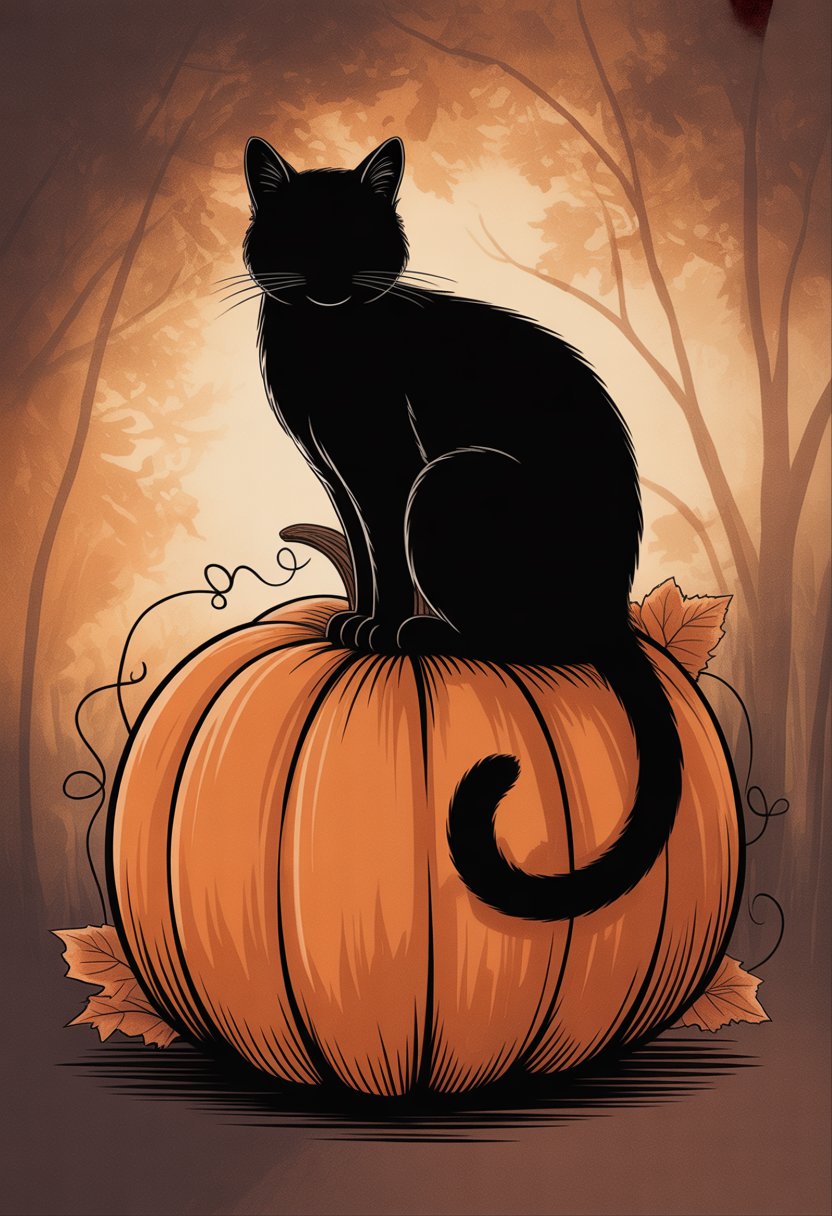 A black cat silhouette sitting on the side of a large pumpkin with autumn leaves around it.