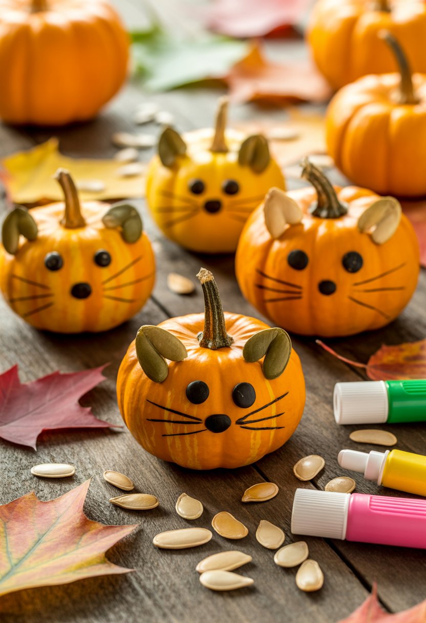Mini pumpkins decorated with pumpkin seeds to look like kitty faces, arranged on a table with craft supplies and autumn leaves.
