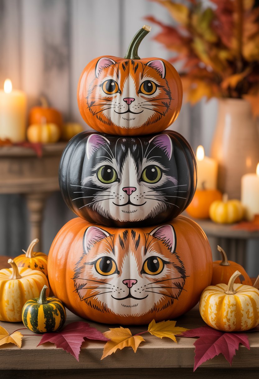 A stack of three pumpkins painted with cat faces arranged as a Halloween centerpiece surrounded by autumn leaves and small gourds.