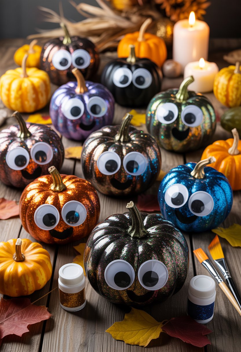 Nine pumpkins painted black with glitter and decorated with googly eyes, arranged on a table with autumn leaves and craft supplies.