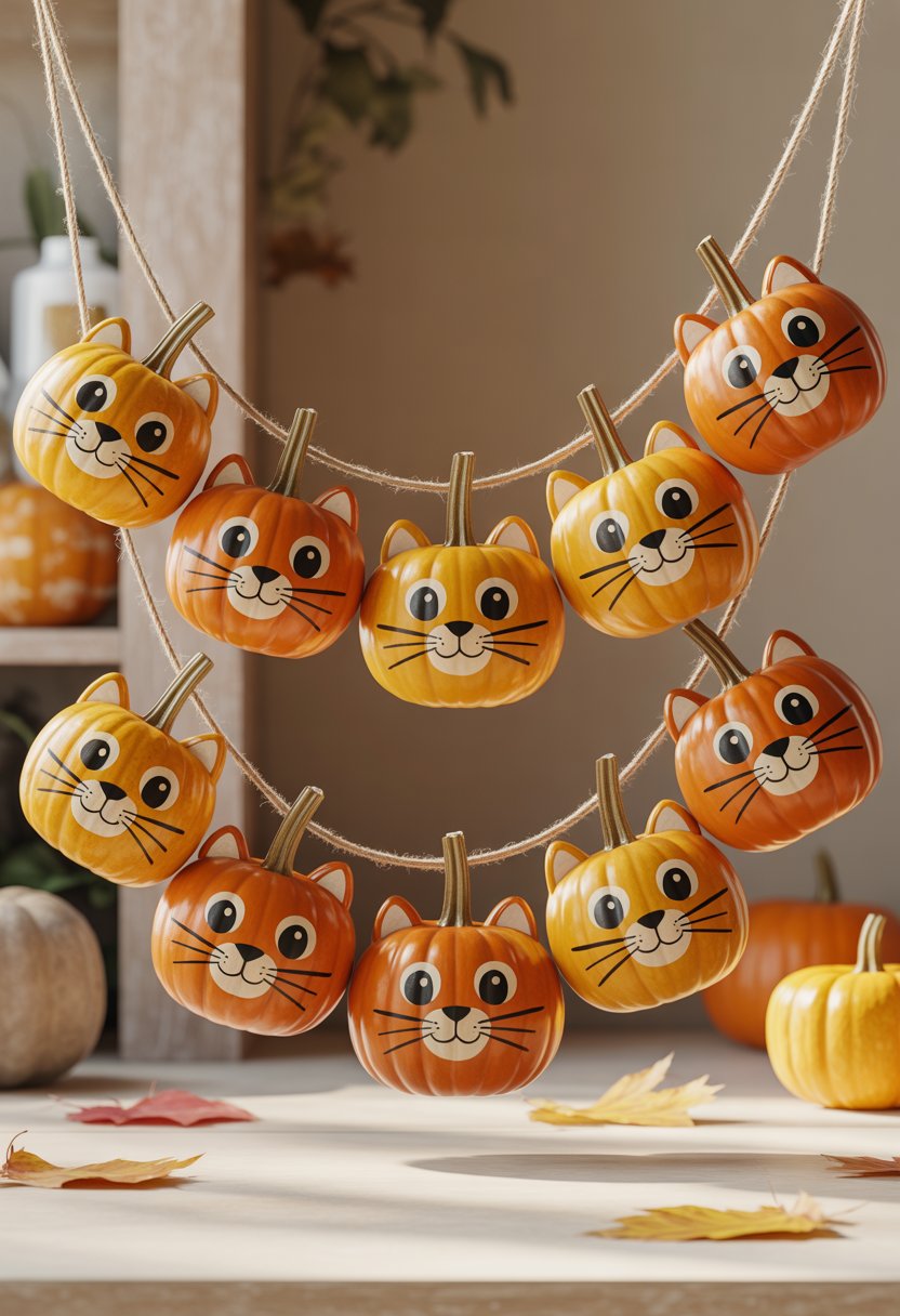 A garland made of nine small pumpkins painted with cat faces, strung together and hanging with autumn leaves around them.