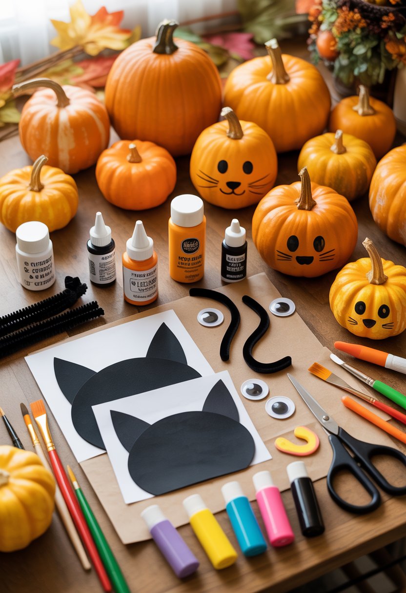 A table with pumpkins, craft materials, and finished pumpkin cat crafts surrounded by autumn leaves.