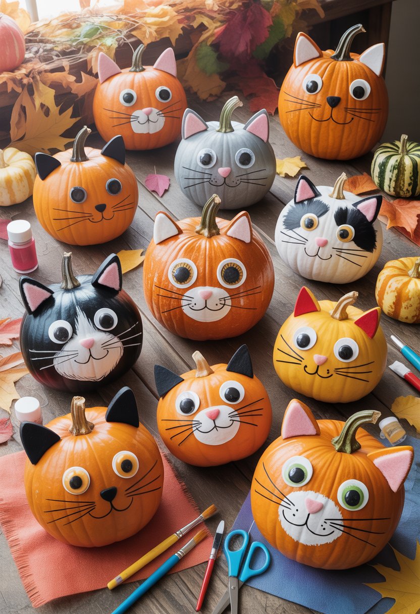 Nine creatively decorated pumpkin cats displayed on a wooden table surrounded by autumn leaves and crafting materials.