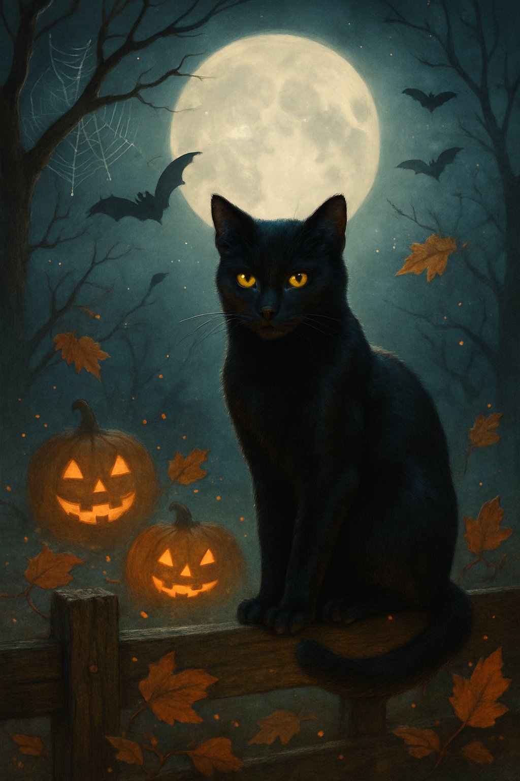 A black cat with glowing eyes sits on a wooden fence at night surrounded by jack-o'-lanterns, spider webs, bats, and autumn leaves under a full moon.