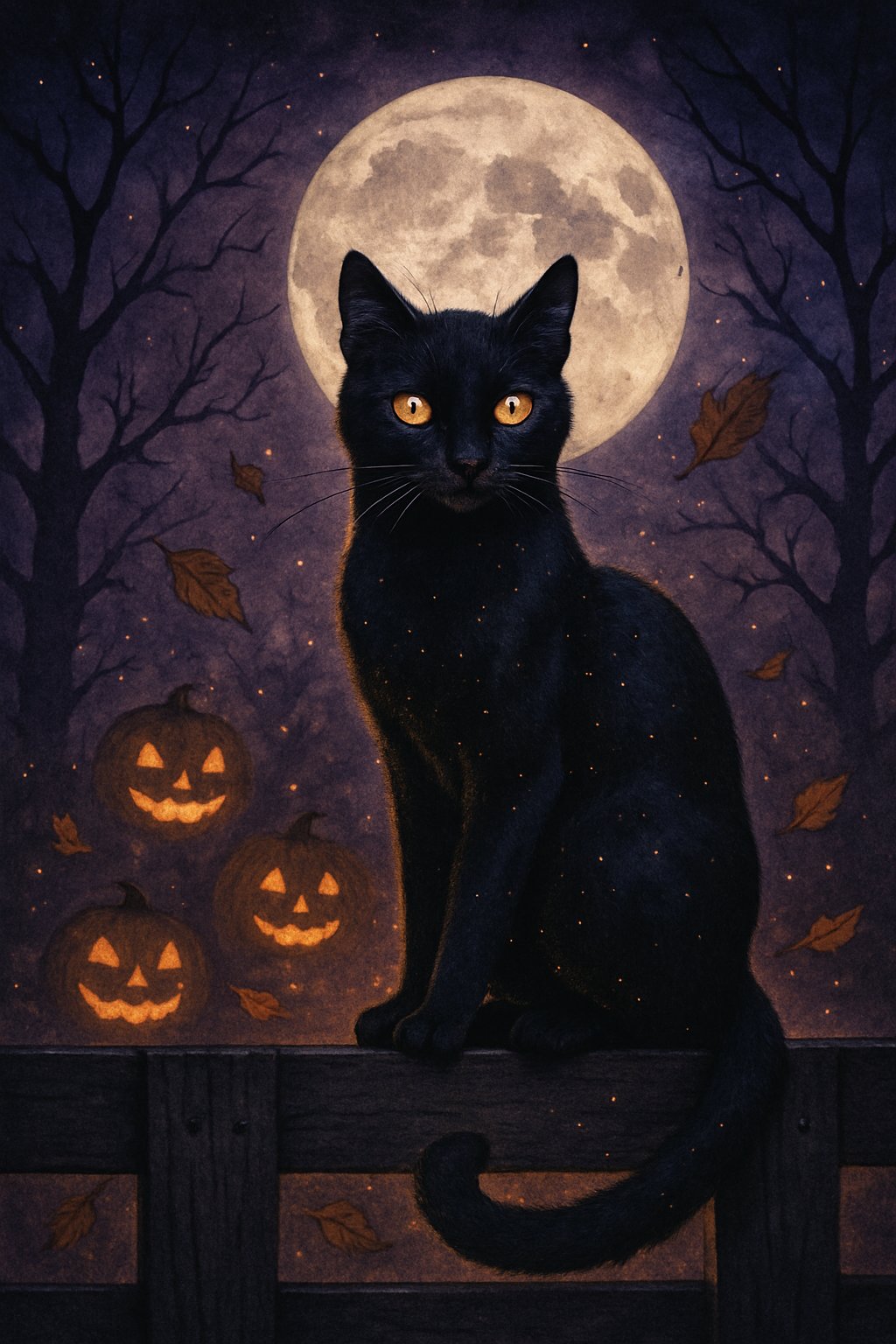 A black cat with glowing eyes sits on a fence under a full moon surrounded by jack-o'-lanterns and autumn leaves on a Halloween night.