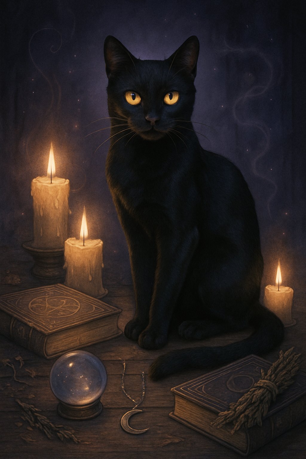 A black cat with glowing amber eyes sits on a wooden table surrounded by spell books, candles, a crystal ball, herbs, and a crescent moon pendant in a dimly lit, magical setting.