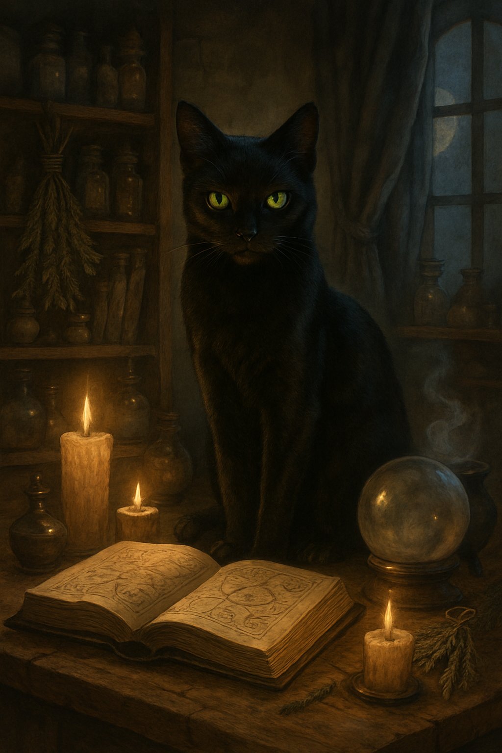 A black cat with glowing green eyes sits on a wooden table surrounded by candles, a spellbook, a crystal ball, and other mystical objects in a dimly lit room.