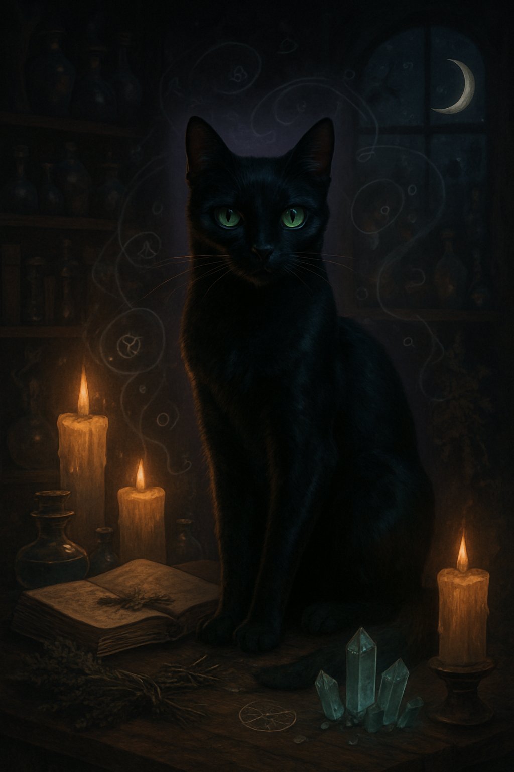 A black cat with green eyes sitting on a wooden table surrounded by spell books, crystals, candles, and magical items in a dimly lit room with a crescent moon visible through a window.