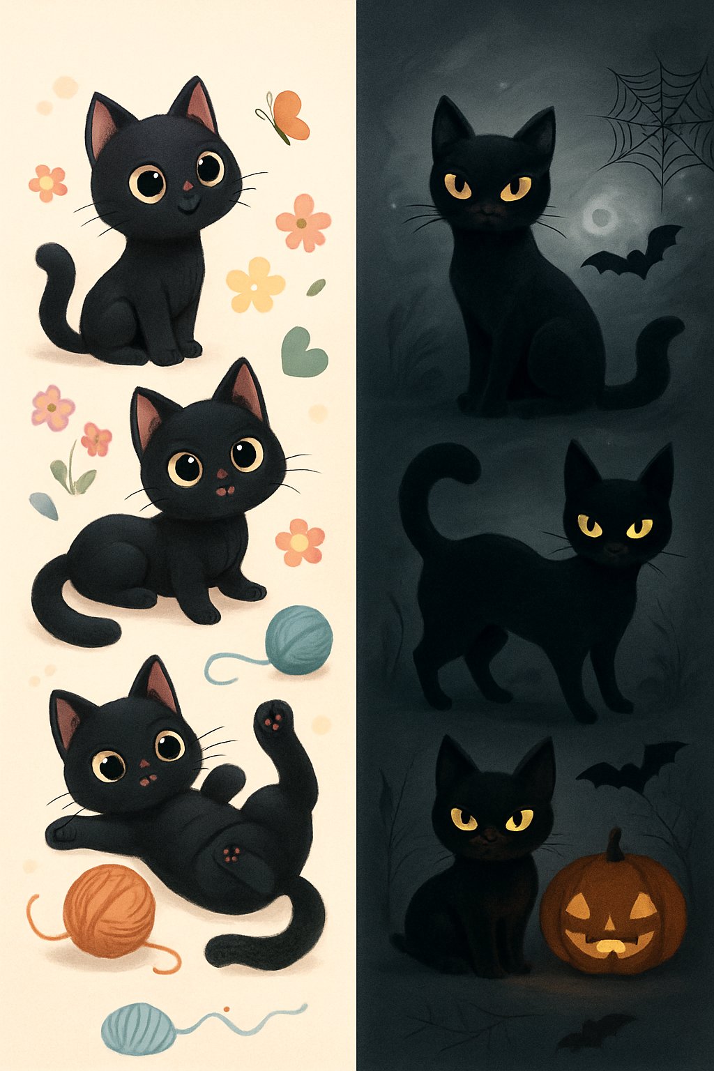 A scene showing two groups of black cats: one side with cute, playful cats surrounded by colorful yarn and flowers, and the other side with spooky, mysterious cats amid mist, moonlight, pumpkins, and cobwebs.