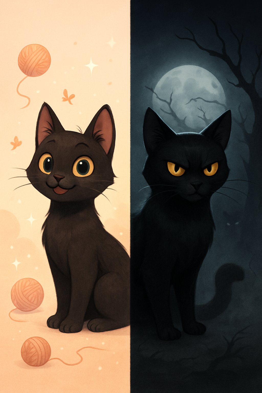 A black cat is shown in two scenes side by side: one playful and surrounded by soft pastel elements, the other mysterious with a dark, moonlit background and fog.