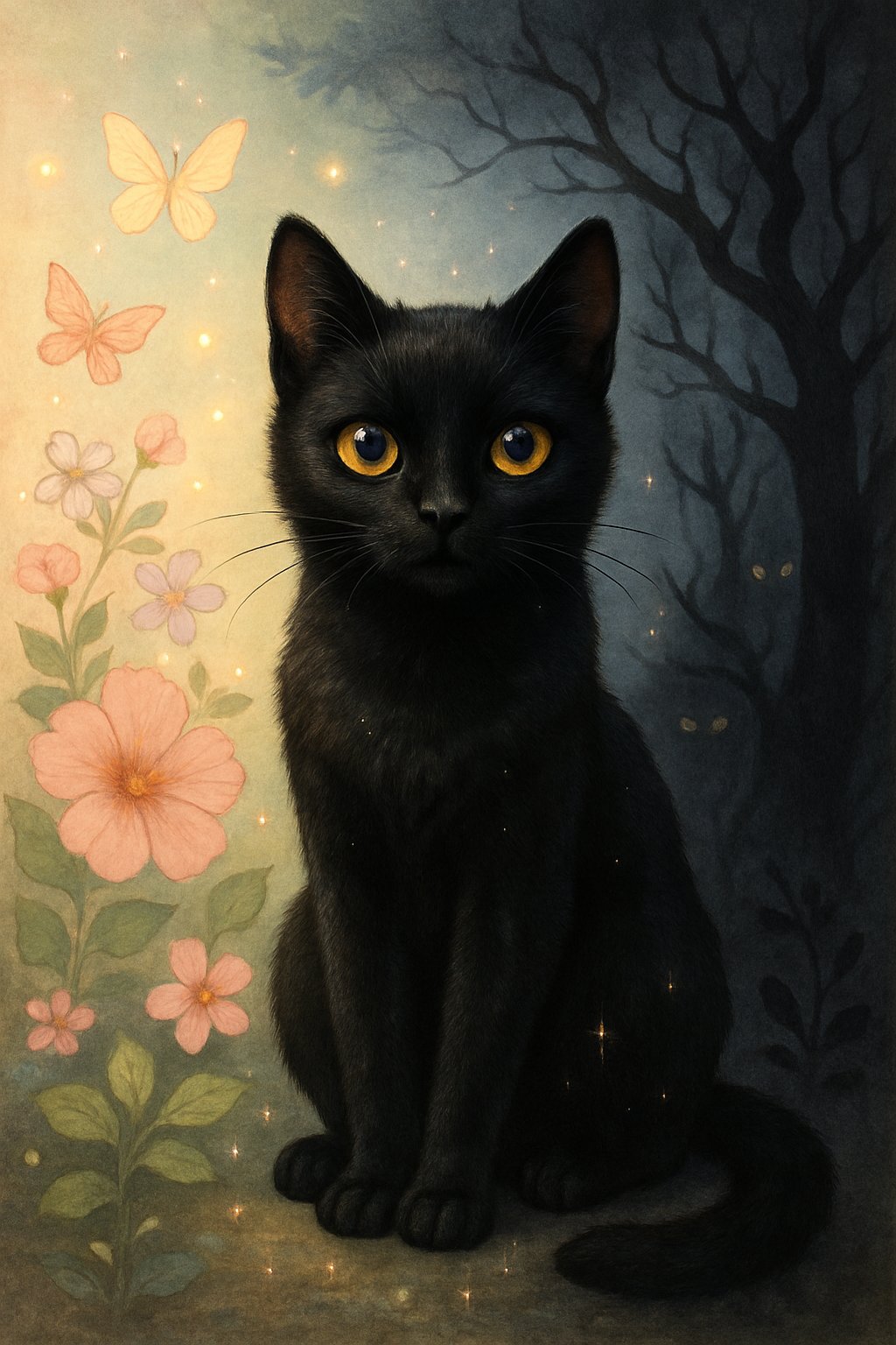 A black cat sitting calmly in a scene that blends soft flowers and playful butterflies on one side with dark twisted branches and glowing eyes on the other.