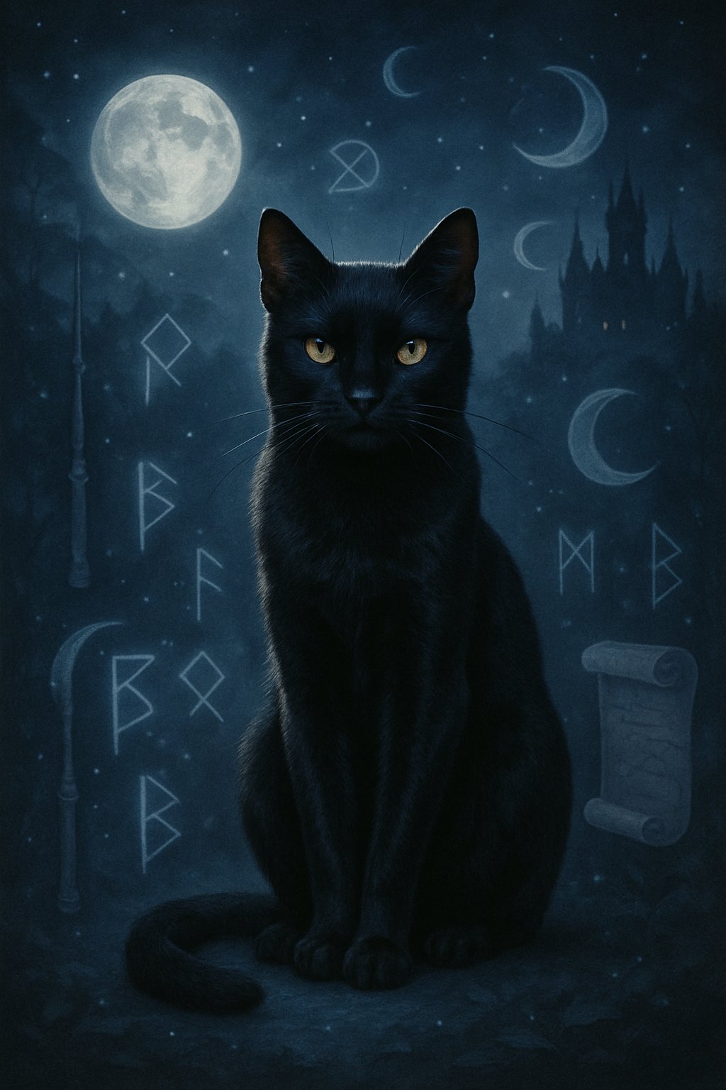 A black cat sitting in a moonlit mystical scene surrounded by magical symbols and a starry night sky with distant castles and enchanted forest.