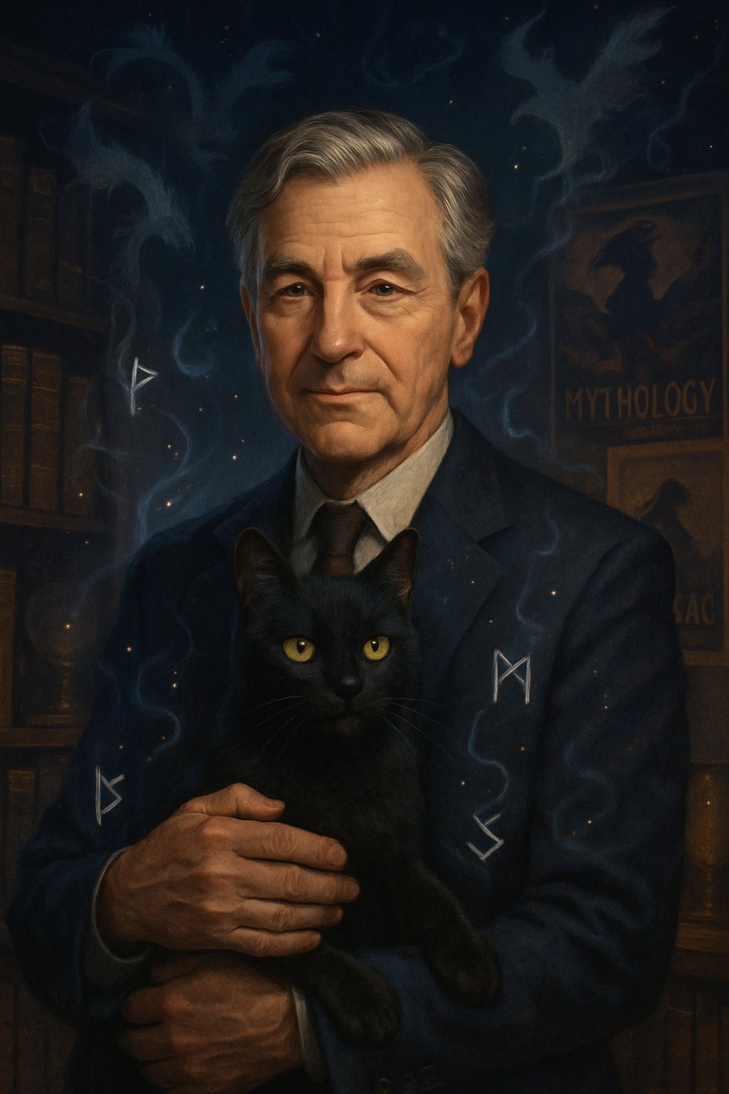 A middle-aged man holding a black cat in a room filled with books and magical symbols.