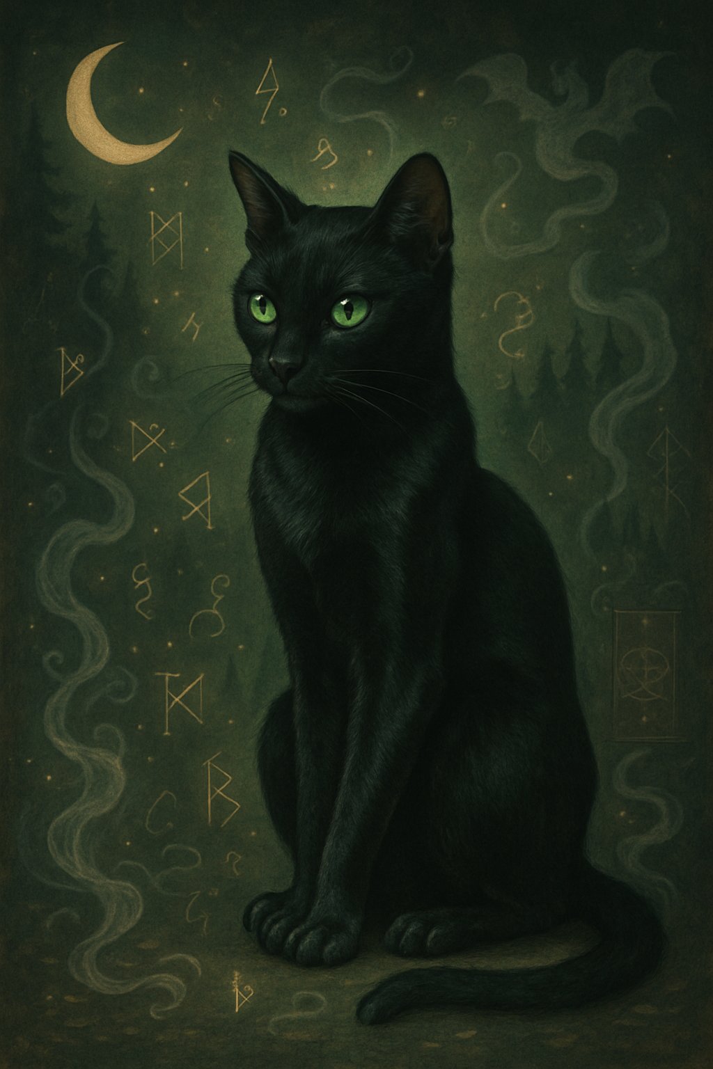 A black cat with green eyes sitting surrounded by magical symbols, glowing runes, and mystical elements.