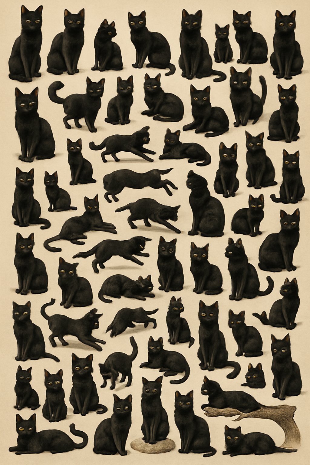 A group of many black cats in different poses and expressions arranged together against a simple background.
