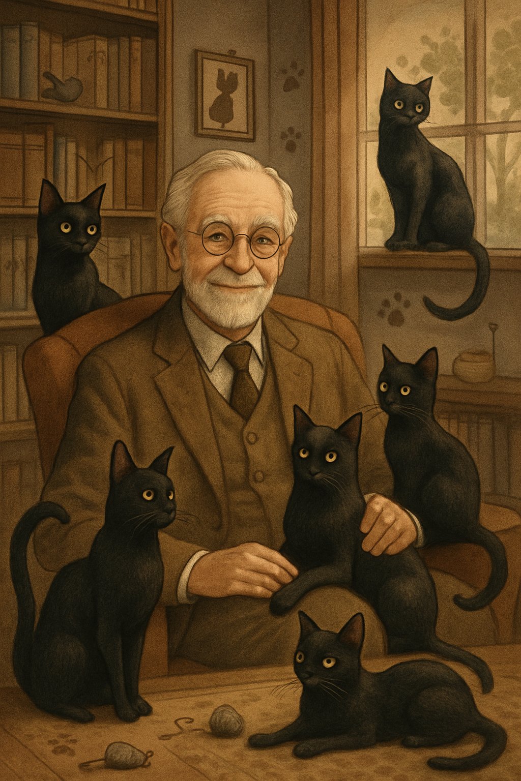 An elderly man sitting in a cozy room surrounded by several black cats in various poses.