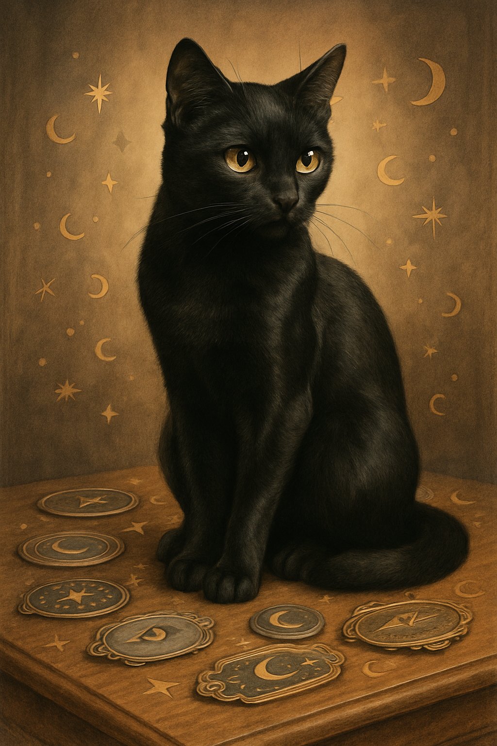 A black cat sitting on a wooden table surrounded by decorative stars and moons in a warm, cozy setting.
